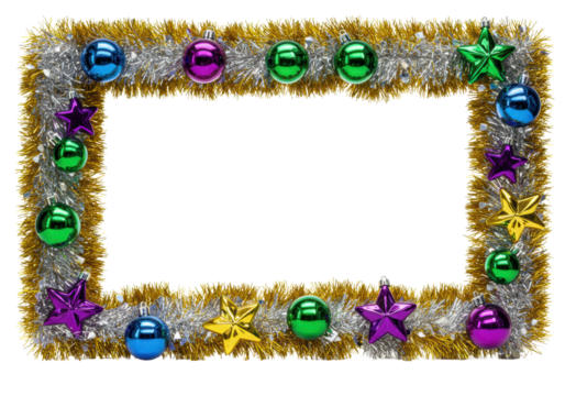 luxurious rectangular christmas border of reflective metallic silver tinsel and gold strands, adorned with mirrored jewel-toned baubles and stars on transparent. concept of sophisticated celebration - Powered by Adobe