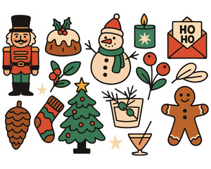 Obraz premium Christmas icons set: cartoon vector illustration of holiday decorations, Santa, snowman, and gift symbols for winter celebration