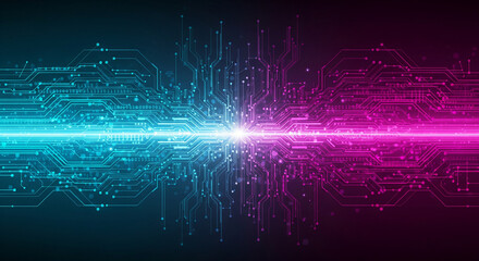 Digital Circuit Board with Glowing Lines Connecting Two Sides in Neon Blue and Pink