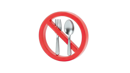 No Eating Sign with Fork and Spoon on White Background