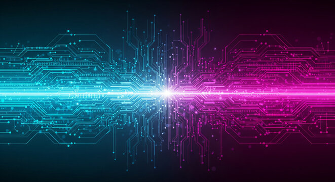 Digital Circuit Board with Glowing Lines Connecting Two Sides in Neon Blue and Pink - Powered by Adobe