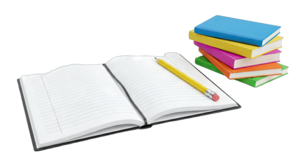 Notebook and Pencil on Open Pages with Stack of Books in Education Context
