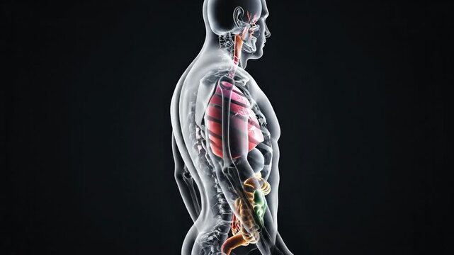 3D human anatomy illustration with a transparent body, highlighting respiratory and digestive systems on a dark background, designed as a sleek, high-detail 4K HD video