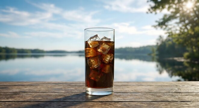Ice Cold Cola Soft Drink Glass on Wooden Dock by Calm Blue Lake