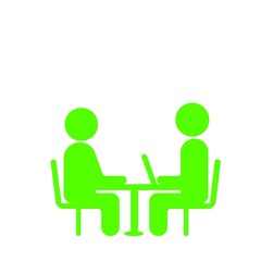 テーブルを挟んで話し合う二人のシンプルアイコン(緑)