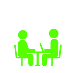 テーブルを挟んで話し合う二人のシンプルアイコン(緑)