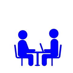 テーブルを挟んで話し合う二人のシンプルアイコン(青)