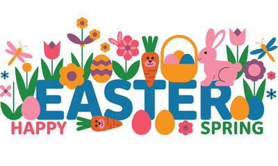 Fototapeta premium Festive Easter and Spring Design with Bunny, Flowers, and Colorful Eggs