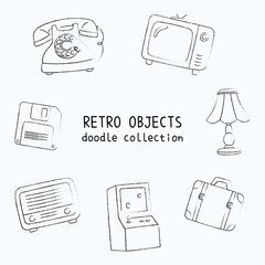 Doodle retro vintage objects cartoon isolated vector. Hand drawn of flash disk, ding dong, tv, phone for asset, design, coloring, book