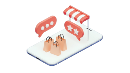 Online Shopping on Smartphone with Shopping Bags and Reviews