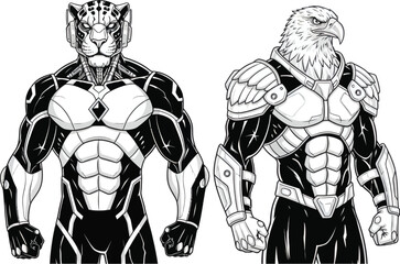 Tiger warrior and eagle warrior muscular characters vector