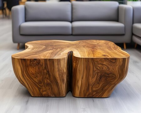 Contemporary wooden coffee table with a splitlevel design, warm natural finish, and a sophisticated look