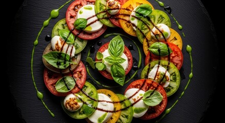 Fototapeta premium Colorful Caprese Salad Arrangement Featuring Sliced Tomatoes Mozzarella and Basil Drizzled with Balsamic Glaze and Pesto for Gourmet Dining Experience