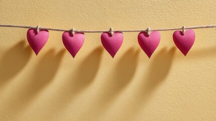 Colorful Paper Hearts on Twine Against a Soft Yellow Background Creating a Cheerful Decoration for Celebrations and Events