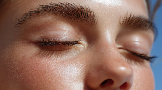 Ultra detailed macro of eyelid crease with closed eyes smooth skin natural eyebrow soft sunlight healthy complexion serene expression closeup beauty fresh face