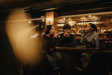 A small group of friends share drinks at a dimly lit bar, creating a relaxed, sociable moment with warm amber lighting and wooden tables.