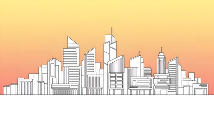 Fototapeta premium Graphic line illustration showing a modern city skyline at dawn with soft, warm, gradient