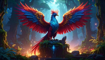 Fototapeta premium Radiant mythical creature with widespread luminous, multicolored wings stands majestically within an ethereal, ancient forest, bathed in a soft, magical glow and vibrant hues of enchantment