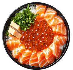 a salmon sashimi bowl with rice and ikura 