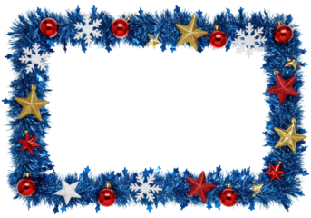 highly reflective rectangular frame of dense metallic blue tinsel, adorned with cherry red baubles and sparkling stars, isolated on transparent copy space. luxurious holiday design concept