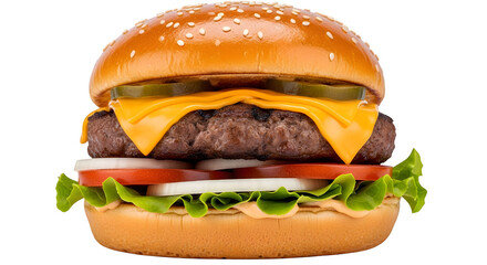 Delicious classic cheeseburger with beef patty lettuce tomato onion and cheese isolated on transparent background