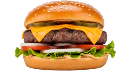 Delicious classic cheeseburger with beef patty lettuce tomato onion and cheese isolated on transparent background