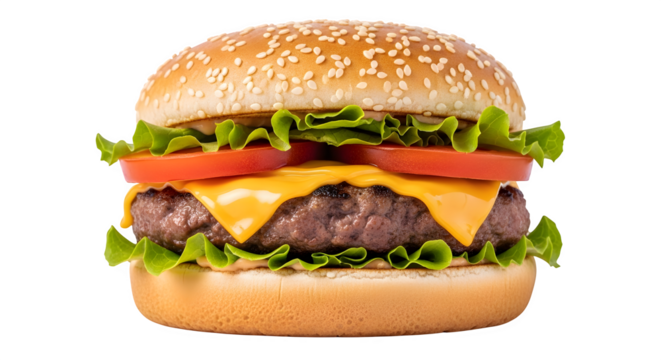 Delicious cheeseburger with beef patty fresh tomato lettuce and sesame seed bun isolated on transparent background - Powered by Adobe