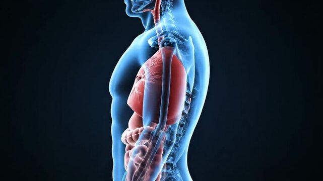 3D human anatomy illustration with a transparent body, highlighting respiratory and digestive systems on a dark background, designed as a sleek, high-detail 4K HD video