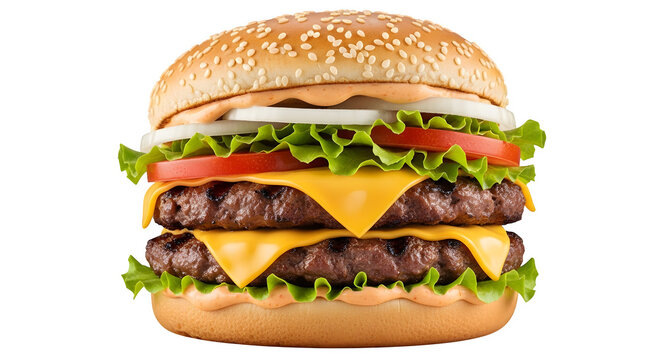 Delicious towering double cheeseburger with fresh ingredients isolated on transparent background