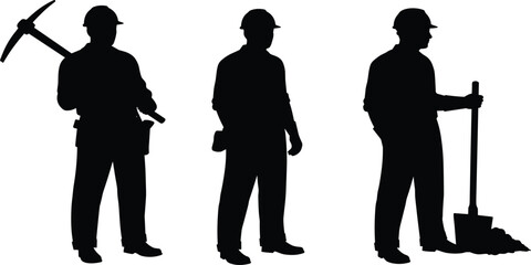 Construction workers silhouettes, manual labor, pickaxe digging, shovel excavation, supervisory stance, industrial workforce, teamwork, safety gear, physical strength, vector illustrationConstruction  © sirat