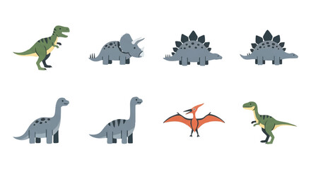 A vibrant collection of tiny dinosaur icon set illustrations featuring simplified prehistoric wildlife figures rendered in a playful, flat 2D vector style, isolated on a clean white background.