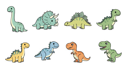 Adorable baby dinosaur icon collection featuring simple 2D flat vector illustrations rendered in soft, muted pastel colors, perfectly isolated on a clean white background.