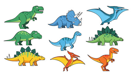 A collection of bold, simple dinosaur icons and prehistoric vector creatures rendered in a striking 2D flat style, isolated cleanly against a bright white background.