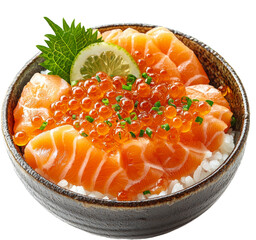 a salmon sashimi bowl with rice and ikura 