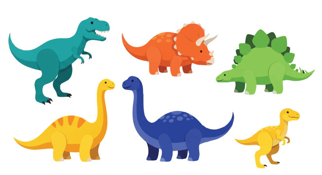 Vibrant prehistoric dinosaur vector icons, rendered in a smooth 2D flat style, are isolated against a clean white background for a playful educational graphic.