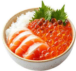 a salmon sashimi bowl with rice and ikura 