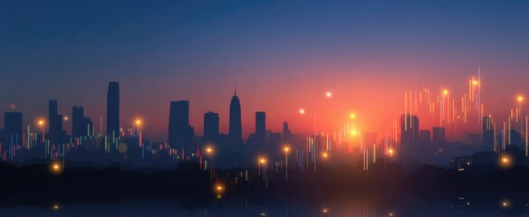 city at dawn radiates hope as virtual data points and candlestick charts intertwine