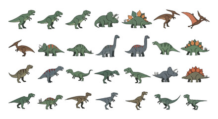 Stylized geometric dinosaur icons representing ancient prehistoric species are showcased in a vibrant 2D flat vector illustration set, isolated on a bright white background. © Rahmanart