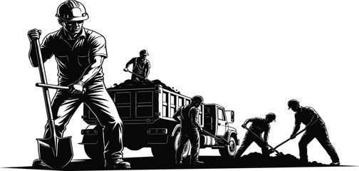 Construction workers silhouettes, teamwork with shovels, dump truck loading soil, manual labor, industrial safety helmets, excavation site, occupational teamwork, vector 
