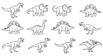 Collection of flat 2D line-art dinosaur icons, showcasing minimal prehistoric species drawings in a modern vector illustration style on a clean white background.