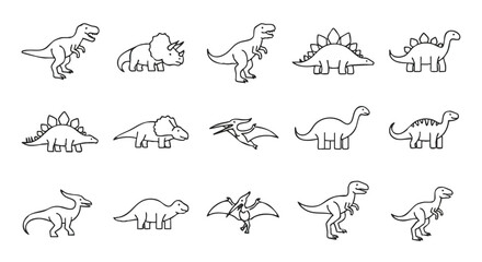 A set of adorable, simple prehistoric animal icons featuring various dinosaurs rendered in a clean, flat 2D vector outline style on an isolated white background. © Rahmanart