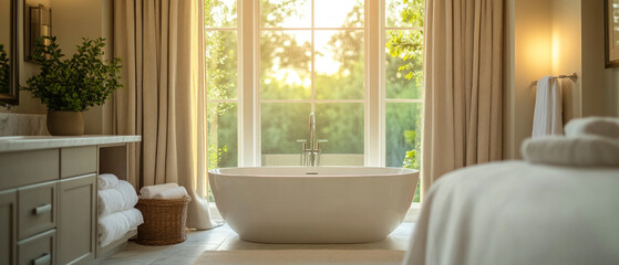 A luxurious bathroom with a panoramic window and green views creates a cosy and relaxing atmosphere, ideal as a backdrop for advertising interior design and spa services.