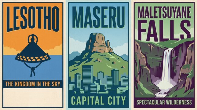 lesotho travel poster set with three coordinated designs