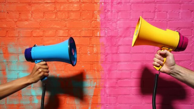 Two arms holding blue and yellow megaphones against a vibrant orange and pink brick wall, symbolizing communication and public announcement.