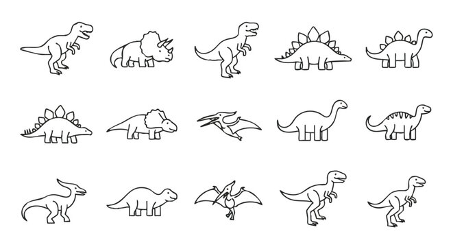 A set of adorable, simple prehistoric animal icons featuring various dinosaurs rendered in a clean, flat 2D vector outline style on an isolated white background.