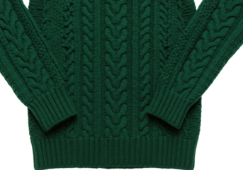 luxurious deep forest green wool sweater with intricate irish cable-knit pattern, flat lay macro product photography on transparent background, showcasing crisp fibers and texture. concept of quality