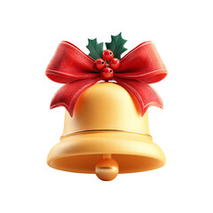 Golden Christmas bell adorned with a textured red ribbon bow and festive holly berries on black on transparent background