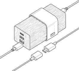 USB Charging Block and Cables Sketch Vector