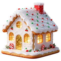Gingerbread house with Christmas snow decoration, sweet holiday food