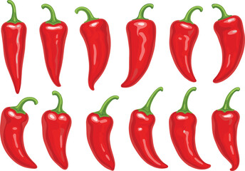 Red chili pepper illustration collection, spicy vegetable outline symbols, hot seasoning graphics, organic food interface icons, CAD drawing flat vector illustration
